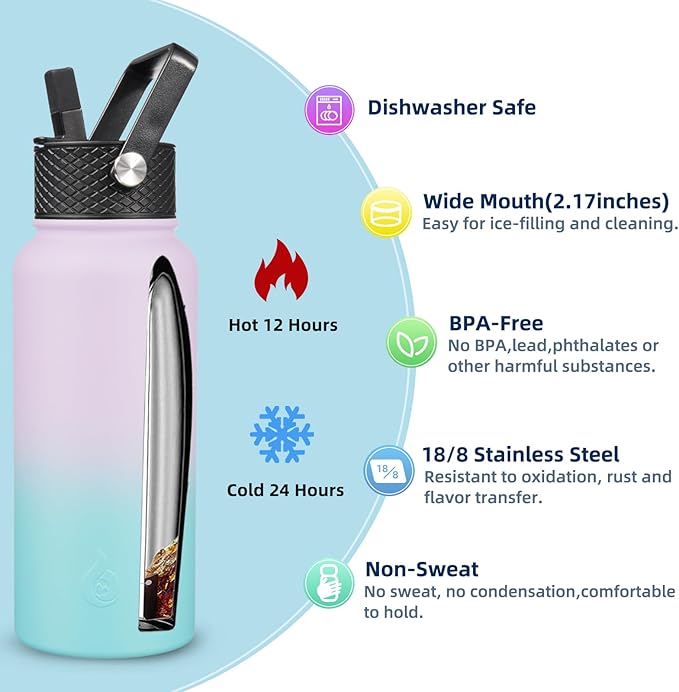 BJPKPK Insulated Water Bottles with Straw Lid, 32oz Metal Large Water Bottle with 3 Lids, Reusable Leak Proof BPA Free Thermo, Stainless Steel Tumblers for Sports, Gym, Travel-Lavender Green