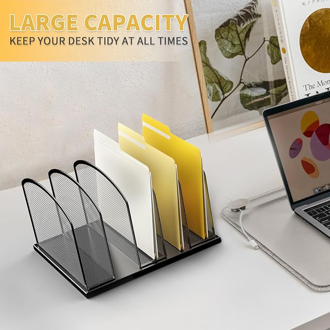 Large Size Desk File Organizer, Metal Mesh Vertical Desktop File Holder, 5-Section file organizer for Desk Home Office Black