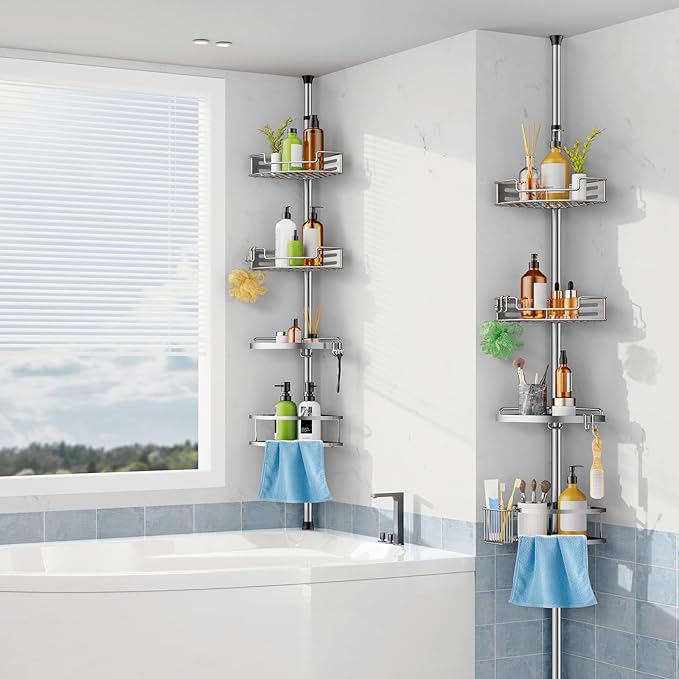 HAMITOR Corner Shower Caddy Tension Pole: Quick Installation 4-Tier Rustproof Bathroom Organizer Shelves for Bathtub Shampoo Storage - 47-121 inch Adjustable Floor Standing Bath Rack Holder - Silver