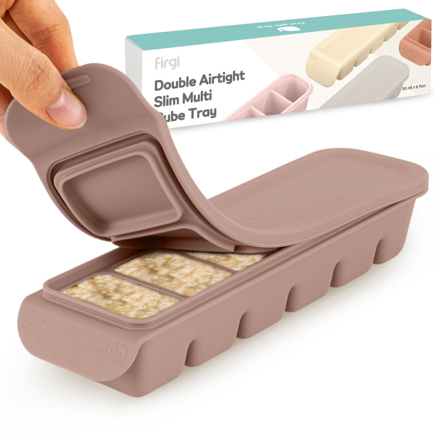 Firgi 1.7 oz/4 Sections Silicone Ice Cube Freezer Tray with Lid, 100% Food-Grade Platinum Silicone,Leak Resistance & Dishwasher Safe for Baby Food Prep,Breast Milk,Purees - Korean Made, Brown