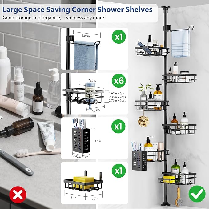 Corner Shower Caddy Organizer Tension Pole, Adjustable 6 Shower Shelves Corner Shelf 30-120Inch Rustproof Shower Rack for Inside Shower, Extra Towel Bar Soap Dish Bathroom Organizers and Storage Black
