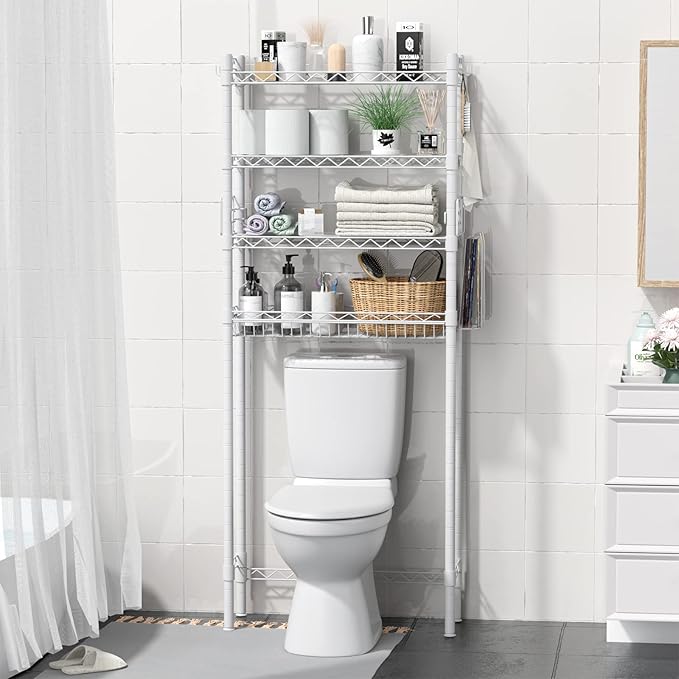 Over The Toilet Storage, Adjustable Bathroom Organizer Shelves Space Saver Over Toilet, Sturdy 4 Tier Above Toilet Storage Rack, Freestanding Over-The-Toilet Storage Shelf, White