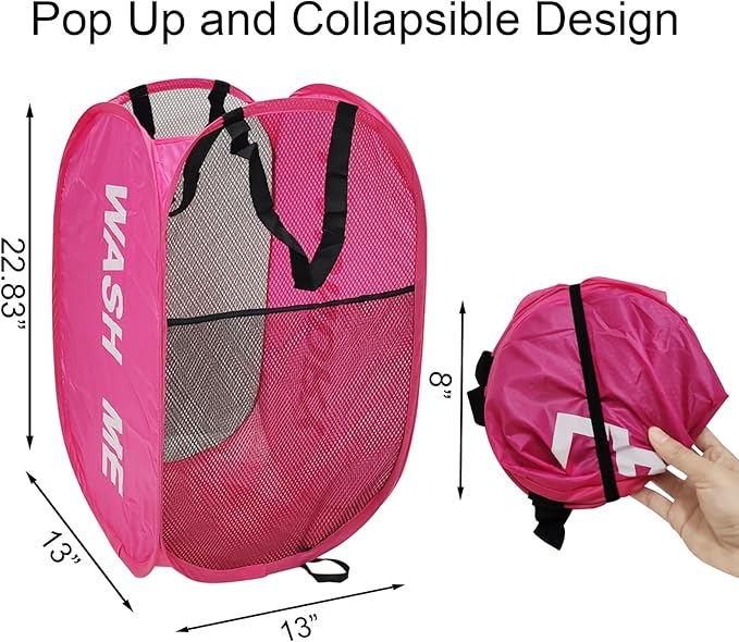 2 Pack Mesh Pop Up Laundry Hamper Collapsible Laundry Basket Pink Dirty Clothes Basket for Laundry Room, College Dorm, Bedroom, Travel