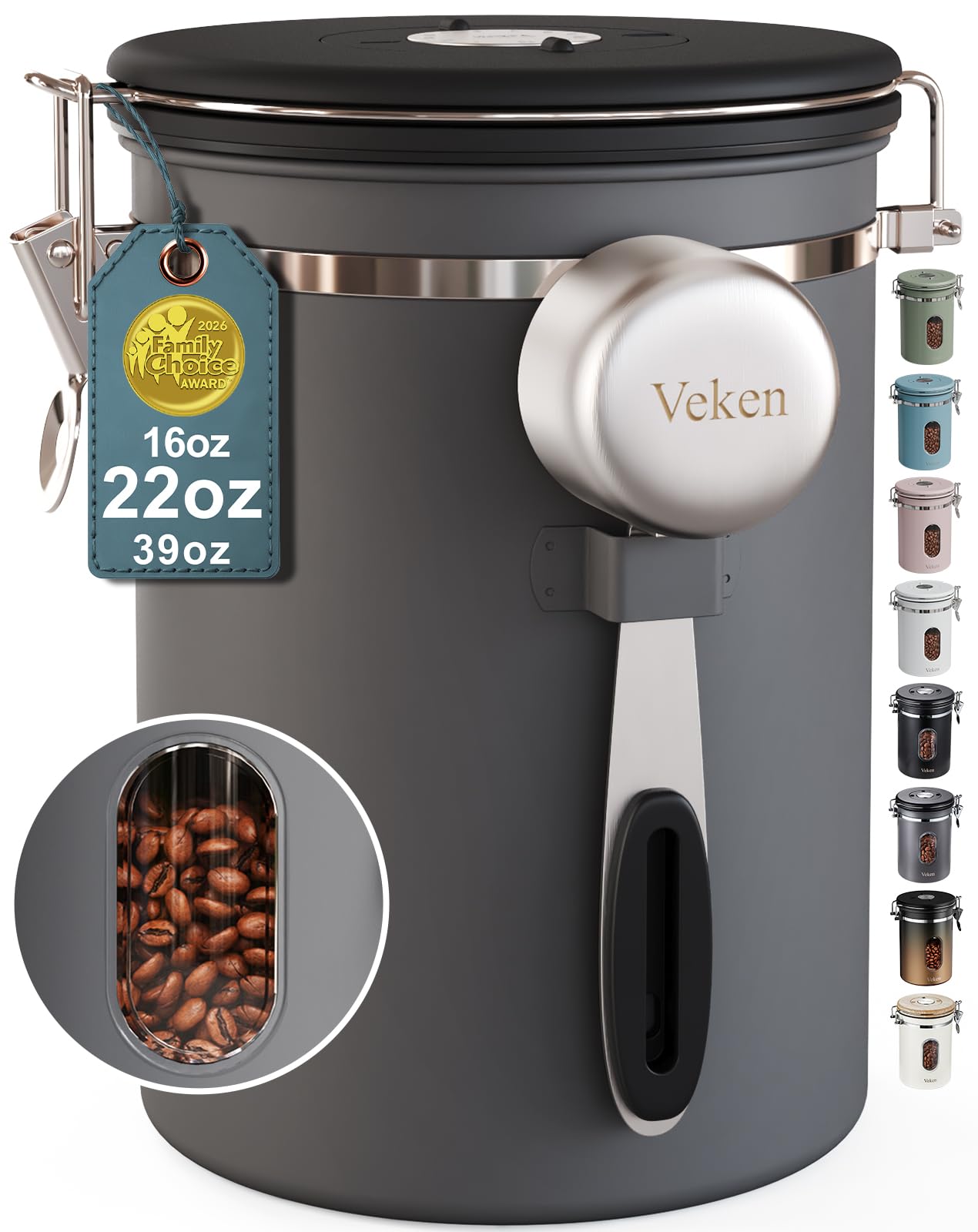 Veken Coffee Canister with Window,Airtight Stainless Steel Container,16OZ