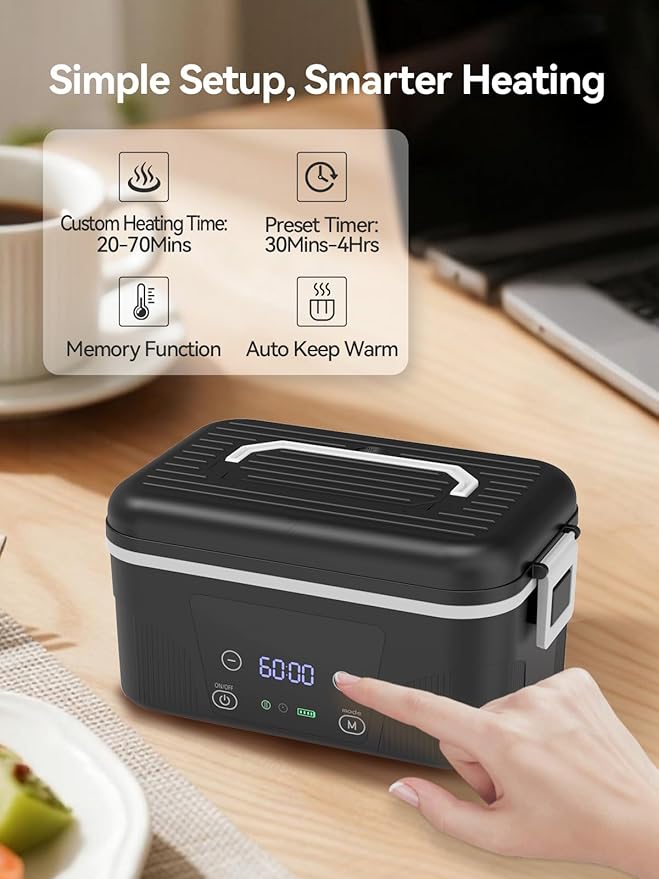 Cordless Heated Lunch Box: 1.4L Electric Lunch Box With Battery Powered, Custom Heating Time and Preset Heating Function for Adult - Portable Food Warmer for Office, Travel, Outdoor