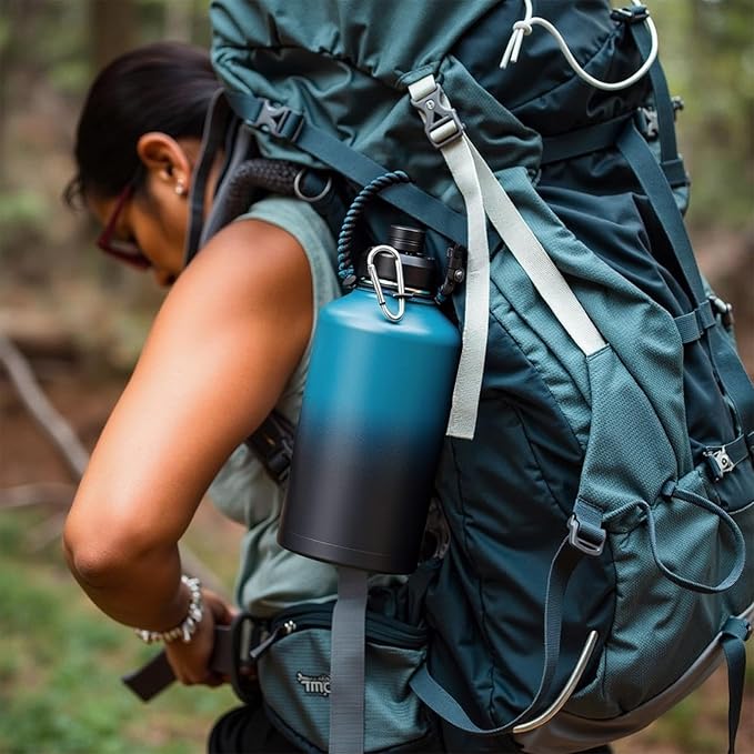 Gallon Water Bottle with 2 Lids (Straw & Spout), 304 Stainless Steel Water Jug with Handle and Wide Mouth, 1 Gallon Vacuum Double Walled Jug for Sports, Outdoors, Blue&Black 128 oz