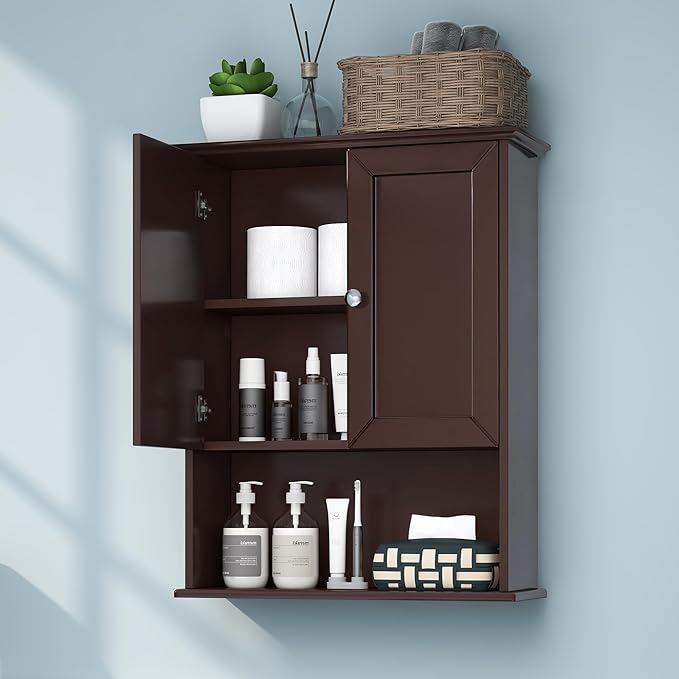 Bathroom Wall Cabinet Expresso Over Toilet Storage - 24x30 in Above Toilet Wood Medicine Cabinet with Adjustable Shelf & 2 Door Mounted Wall Cabinet