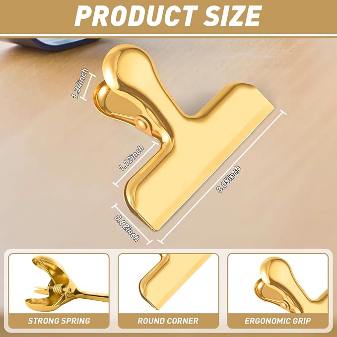 Funfery 24 Pack 3 Inch Stainless Steel Gold Chip Clips Strong Bag Clips Large Clip for Food Packages,Metal Kitchen Food Clip for Snack Home&Office Paper Heavy Duty