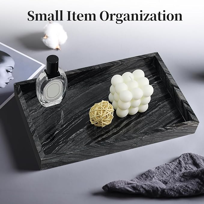 Natural Marble Tray for Bathroom, Genuine Ancient Wood Grain Marble Vanity Tray, Luxury Stone Trays for Dresser, Home Decor, Kitchen, Non-Resin/Non-Ceramic, 12"x 8", Ancient Wood Grain
