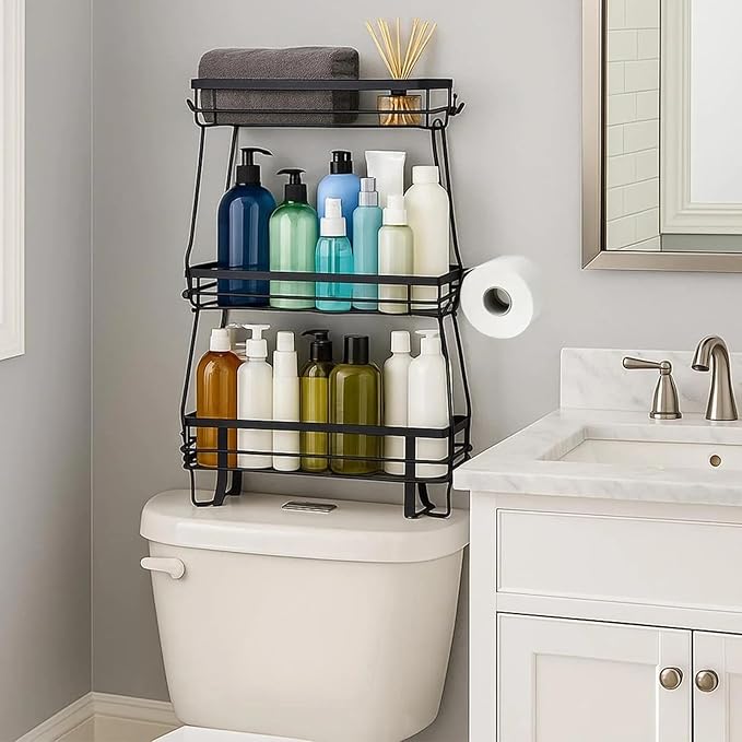 ShellKingdom Over The Toilet Storage Shelf, 3 Tier Toilet Paper Holder Stand Shelves, Punch-Free Bathroom Storage Rack with Hooks, Small Space Organizers for Bathroom, Home, Countertop, Black