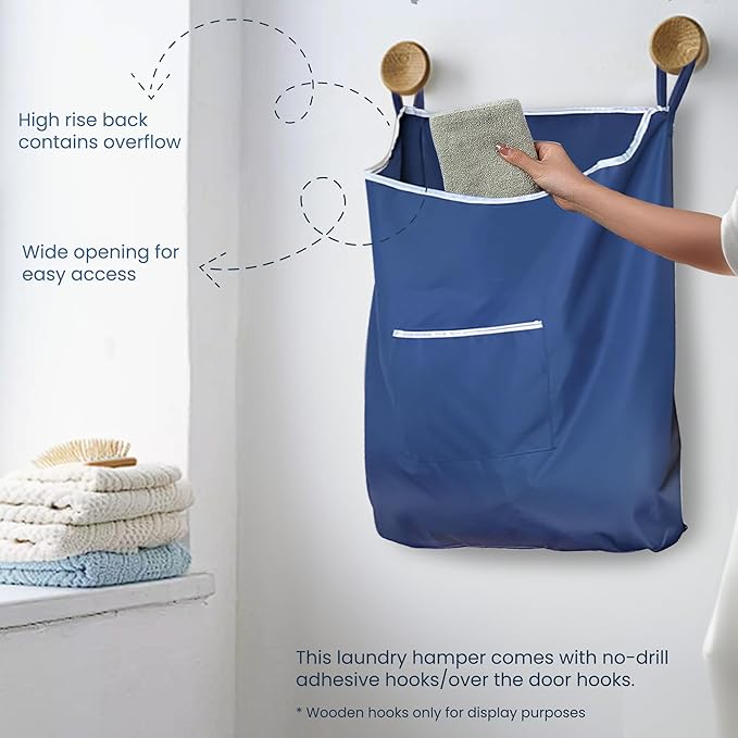 Fine Living Large Hanging Laundry Hamper with Over Door Hooks & Adhesive, Durable Space Saving Laundry Bag with Zipper and Wide Open Top, Hanging Dorm Laundry Hamper 18"x4.75"x28" (Navy Blue-L)