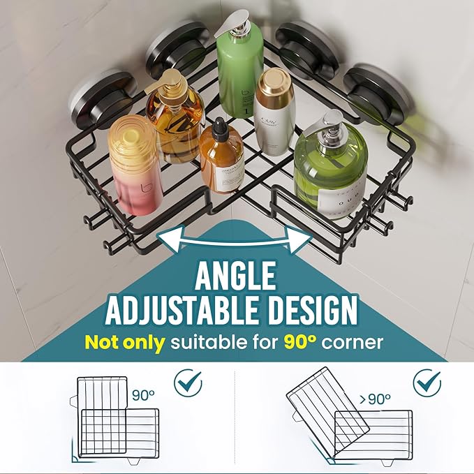 TAILI 2 Pack Corner-adaptive Suction Cup Shower Caddy, Stainless Steel Rustproof Corner Shower Shelves, Large Capacity, Removable Suction Cup Bathroom Organizer, Drill-Free Wall Mounted Baskets, Black