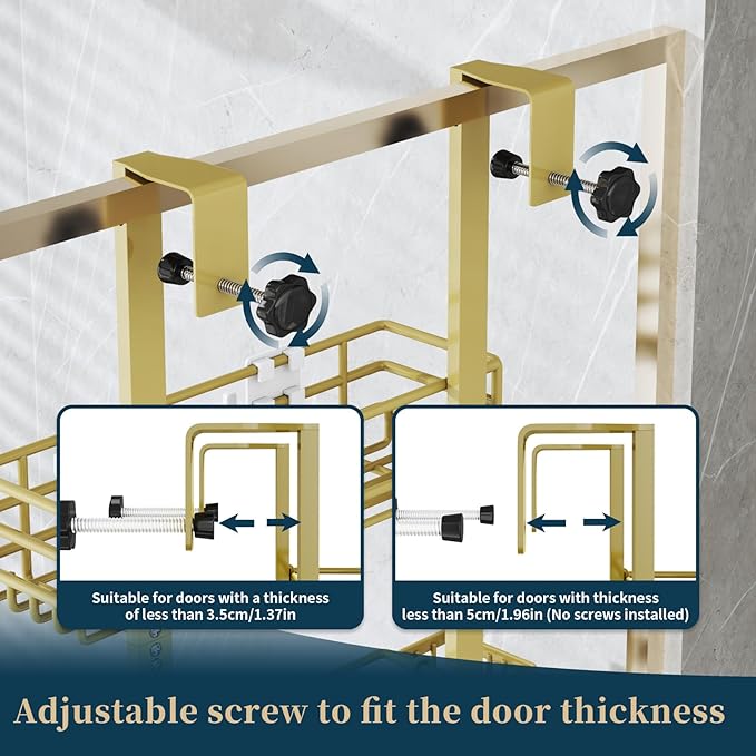 Consumest Over The Door Shower Caddy - 5 Tier Adjustable Shower Organizer Hanging with 2 Toothbrush Holders & 4 Hooks, Rustproof Organizer Shelf, Storage Rack for Bathroom, Gold
