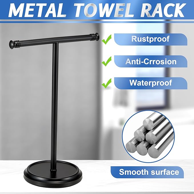 Hand Towel Holder Stand, Free Standing Towel Rack Stand with Stainless Steel Base, Rust-Proof Towel Bar for Bathroom Kitchen Countertop (Black)