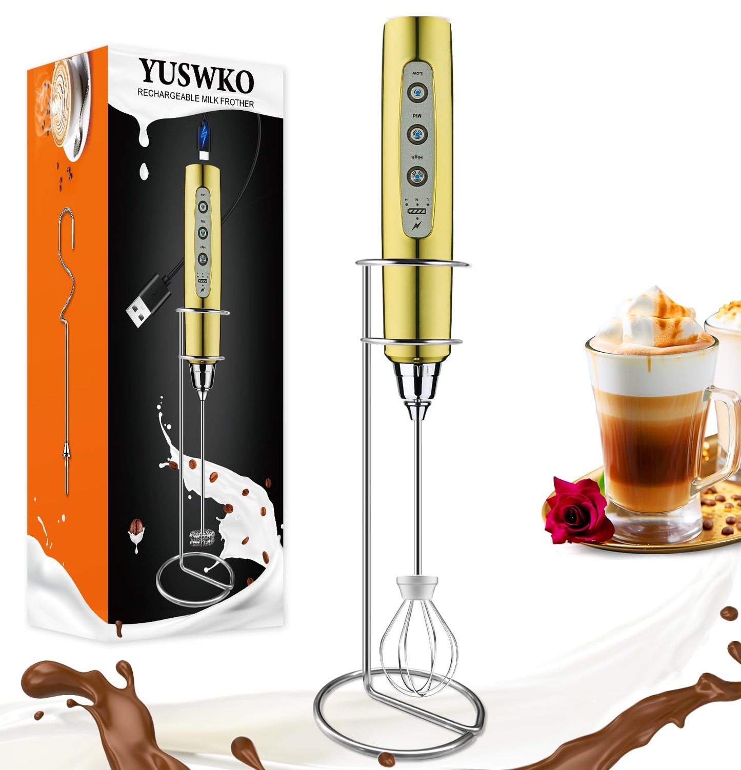 YUSWKO Handheld Milk Frother Wand for Coffee, Rechargeable Electric Whisk with 3 Heads 3 Speeds Drink Mixer Coffee Frother For Latte, Cappuccino, Hot Chocolate, Egg, Beige