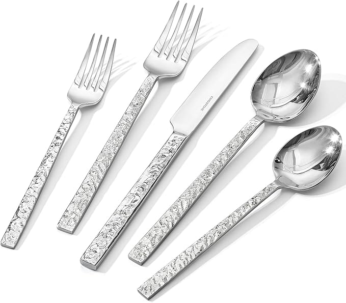 40 Pcs Hammered Silverware Set for 8, 18/10 Stainless Steel Flatware