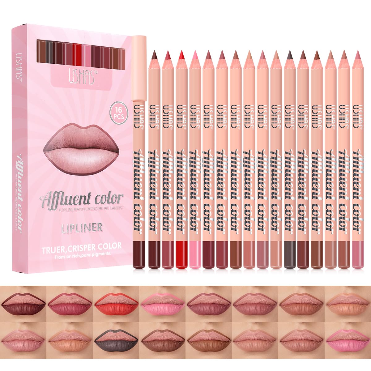 USHAS 16 Pcs Lip Liner Pencil - Matte Lip Liner Set Lip Makeup Soft Pencils for women, Natural Lip Liners Smooth Lipstick pencil (16 Colors (01-16), Pack of 1)