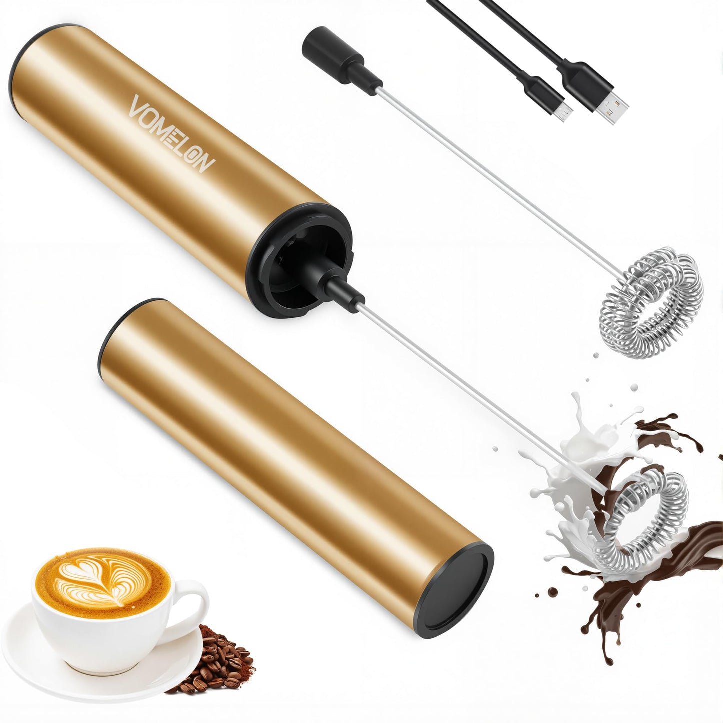 Rechargeable Milk Frother Battery Operated,2-Speed Portable Travel Frother,Electric Milk Foamer Coffee Frother for Latte, Cappuccino, Hot Chocolate Drink Mixer with Double Mini Whisks and USB Cable