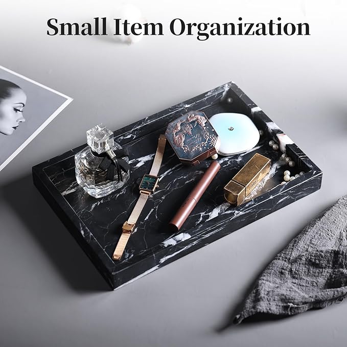 Real Natural Marble Tray for Bathroom, Genuine Marble Stone Vanity Tray, Luxury Storage Trays for Kitchen, Vanity, Home Decor, Dresser, Non-Resin/Non-Ceramic, 12"x 8"x 1.2", Black