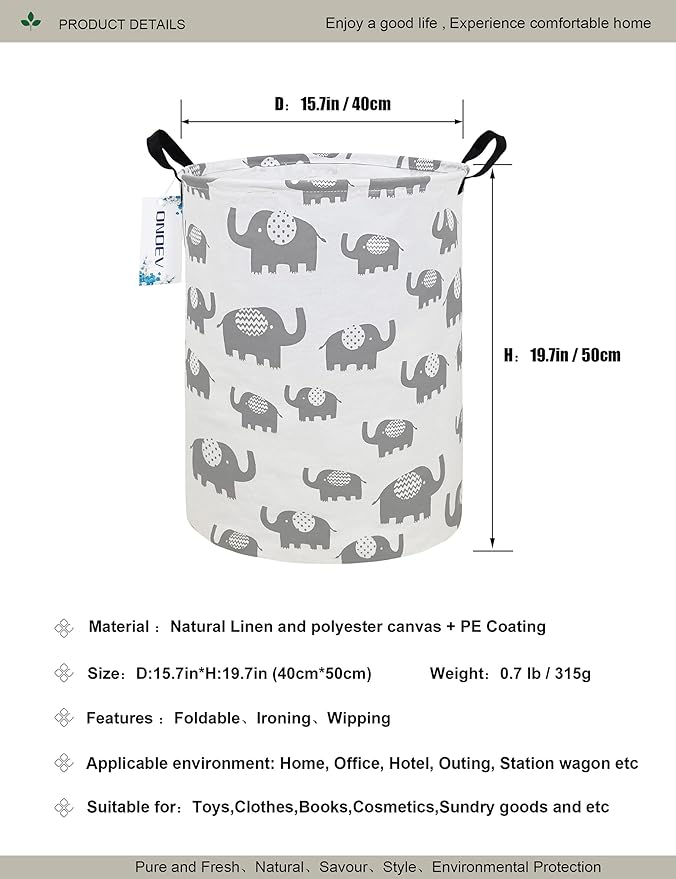 Round waterproof laundry basket gift basket,suitable for children's room and toy storage (Grey Elephant)