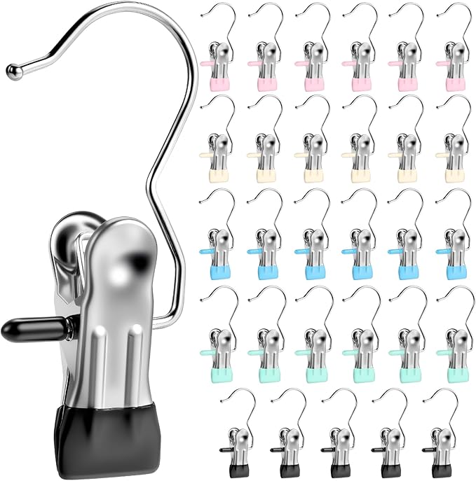 Senbowe 30 Pack Heavy Duty Clothes Pins, Boot Hangers for Closet, Laundry Hook Hanging Clips Clamps for Closet Organizer Pants Hats Socks Towels Clips, Clothespins Hanger for Travel Handbag Legging