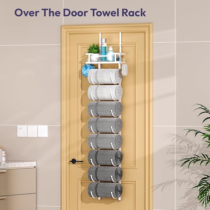 SWTYMIKI Over The Door Towel Rack - 9 Tier Towel Racks for Bathroom Wall Mounted, Towel Holder with Shelf, Hanging Rolled Towel Storage Organizer for Small Bathroom, Camper, RV, White