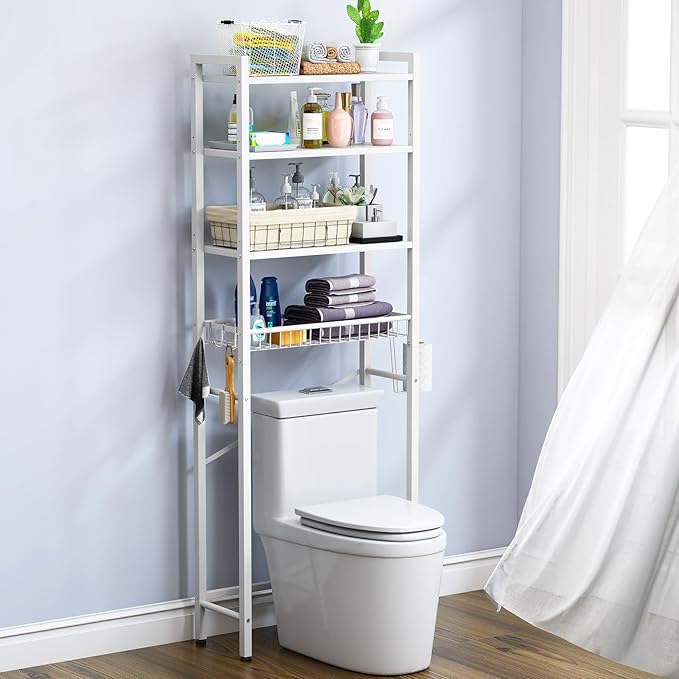 Over-The-Toilet Storage Rack, 4-Tier Bathroom Organizer Shelf Over Toilet with Adjustable Shelf and Basket, Freestanding Space Saver Bathroom Shelves Above Toilet for Room (Pure White)