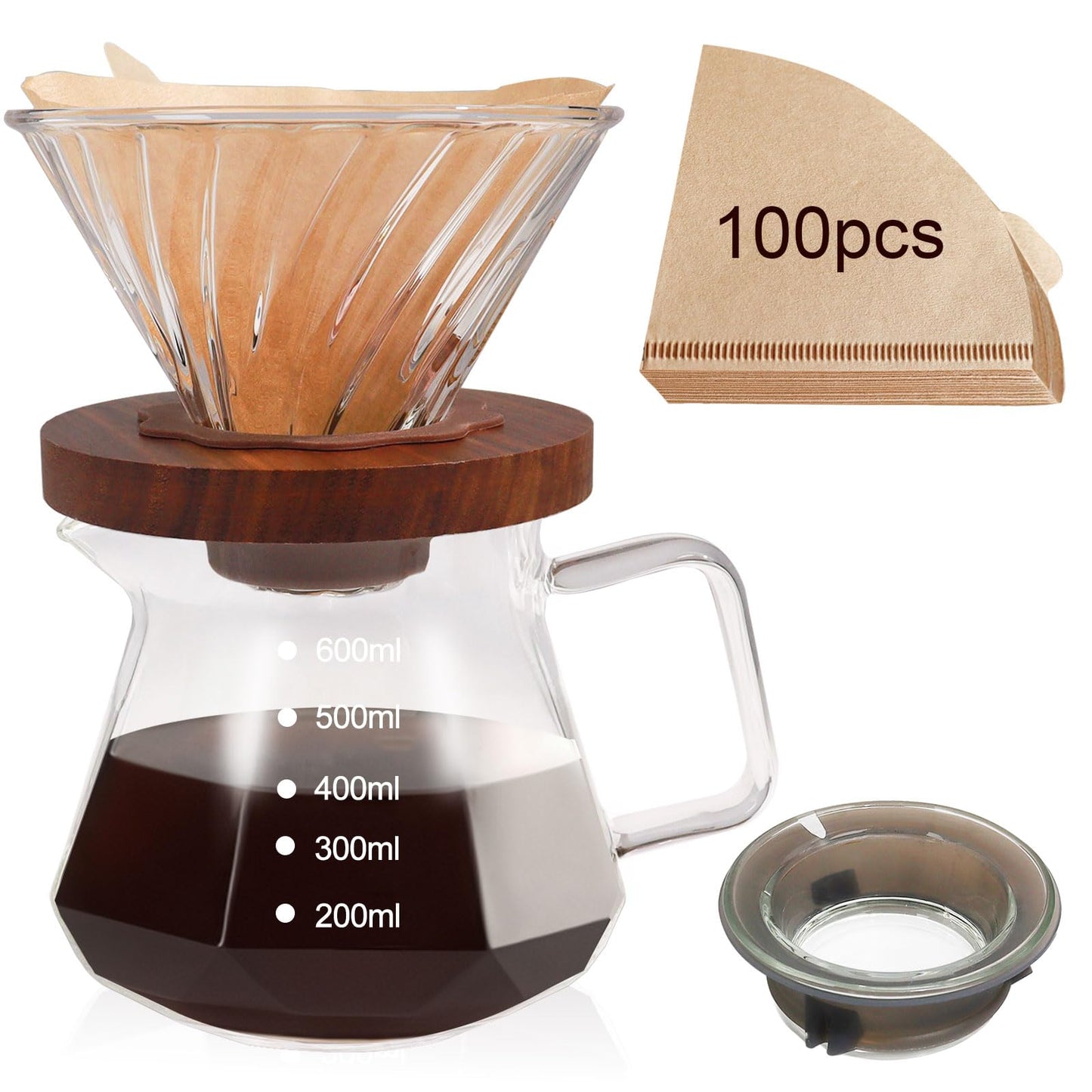DITOSH Pour Over Coffee Maker 13.5oz Portable Glass Coffee Maker High Borosilicate Glass Eagle Beak Spout Design with 50 Pcs Filter Paper Walnut Wood Base for Pour Over for Daily Brewing 400ml