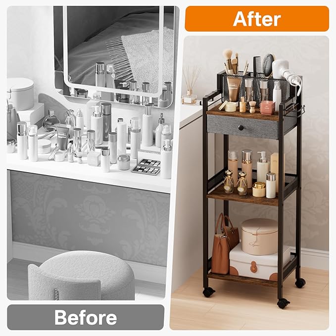 Bathroom Storage Organizers with Drawer, 3 Tier Metal Rolling Standing Unit with Toilet Paper Holder, Multifunctional Floor Corner Rack for Cosmetic, Dryer Curling Irons 12.8in Wide Black