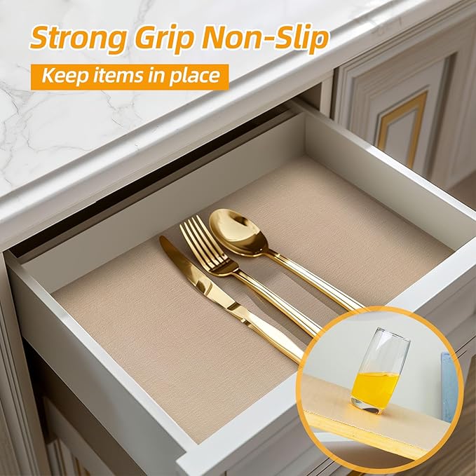 Shelf and Drawer Liner for Kitchen Cabinets Non-Adhesive, Strong Grip Non-Slip Thickened Cabinet Liners for Shelves, Waterproof Mats for Dresser Cupboard, Khaki, 17 in x 30 Feet