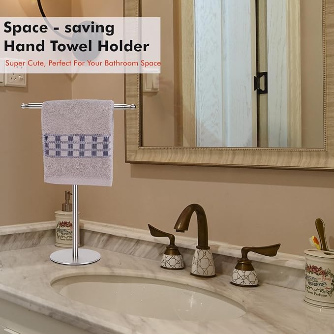 Hand Towel Holder Stand for Bathroom Vanity Countertop Stainless Steel T-Shape Free Standing Towel Rack Stand Towel Bar for Bathroom Kitchen (Brushed Nickel)