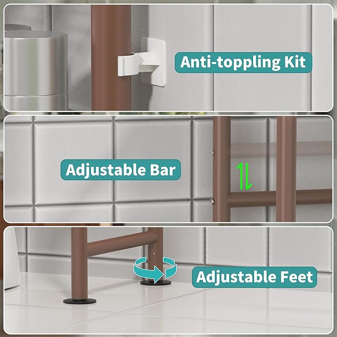 3-Tier Over The Toilet Storage with Paper Holder, Metal Bathroom Organizers and Storage for Small Space, Freestanding Bathroom Shelves with 4 Hooks, Above The Toilet Storage Shelf (Bronze)