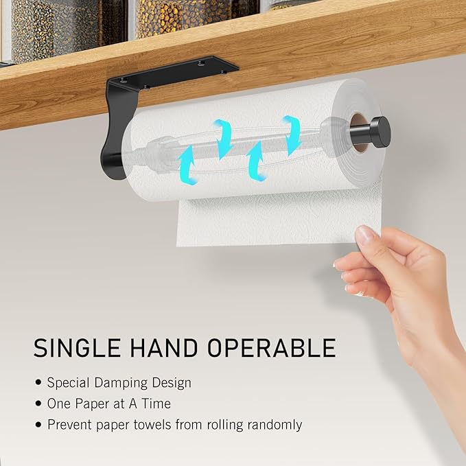 SetSail Paper Towel Holder, Single Hand Operable Paper Towel Holder Under Cabinet with Adjustable Damper, Easy Tear, Wall Mount, Self-Adhesive or Drilled for Kitchen Bathroom, Black