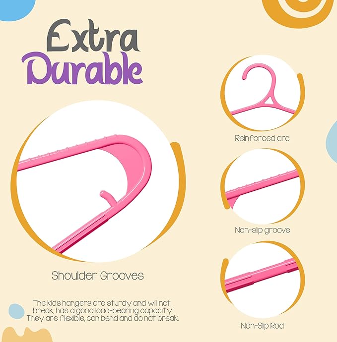 Utopia Home Kids Hangers 60 Pack - 11 Inch Plastic Baby Hangers for Closet - Childrens Hanger for Clothes & Infant Hanger for Closet - Non-Slip Shoulder Grooves, Strap Hooks & Pants Bar (Pink)