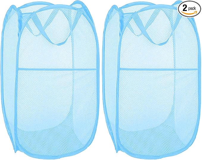 Larpur Pack of 2 Pop up Laundry Hampers, Collapsible Laundry Baskets, Portable Mesh Clothes Hampers for Home Room, College Dorm, Apartment, Foldable Hamper with Carry Handles, Sky Blue