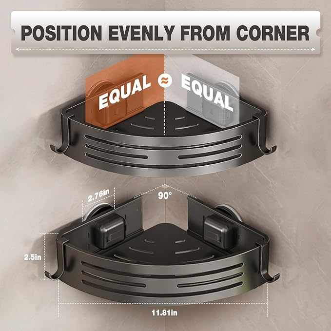 Conworld Corner Shower Caddy Suction Cups, Corner Shower Shelf for Inside Shower, Organizer Suction for Bathrooms Storage, No-Drilling Removable (Aluminum, 2-Pack, Gunmetal Gray)