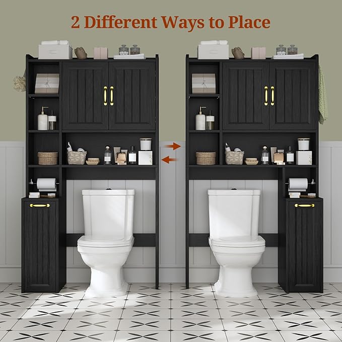 Over The Toilet Storage Cabinet with Pulley, Bathroom Cabinet, Space Saver W/Adjustable Shelf Rack for Bathroom, Restroom, Laundry (Black-Type A)