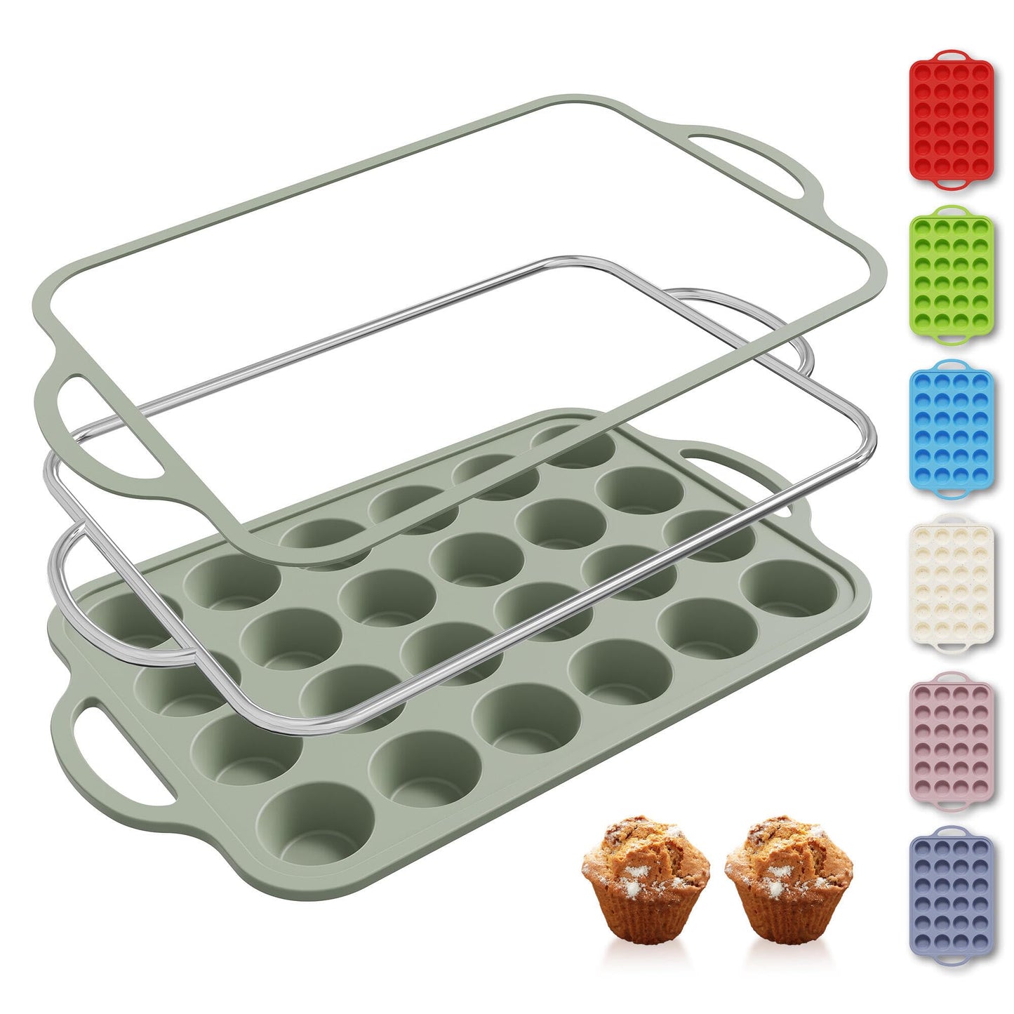 2 Packs 12 Cups Silicone Muffin Pan for Baking with Metal Reinforced Frame Regular Size Cupcake Pan Tray Chocolate Egg Pizza Bites Oven Top Cookie Molds Muffin Tin Tart Pans Sheet Set Bakeware Liner
