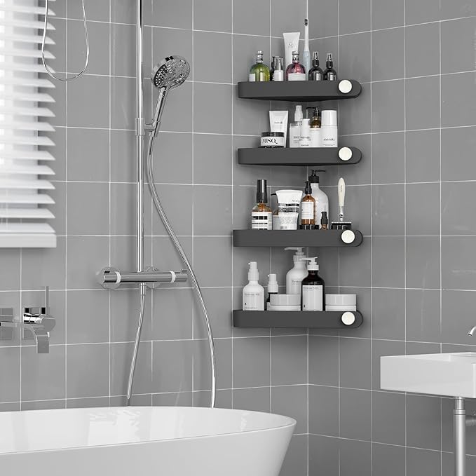 Sotfamily Plastic Shower Caddy Corner (For 90° Only), 4 Pack Adhesive Corner Shower Shelves for Bathroom Organizers and Storage, Black