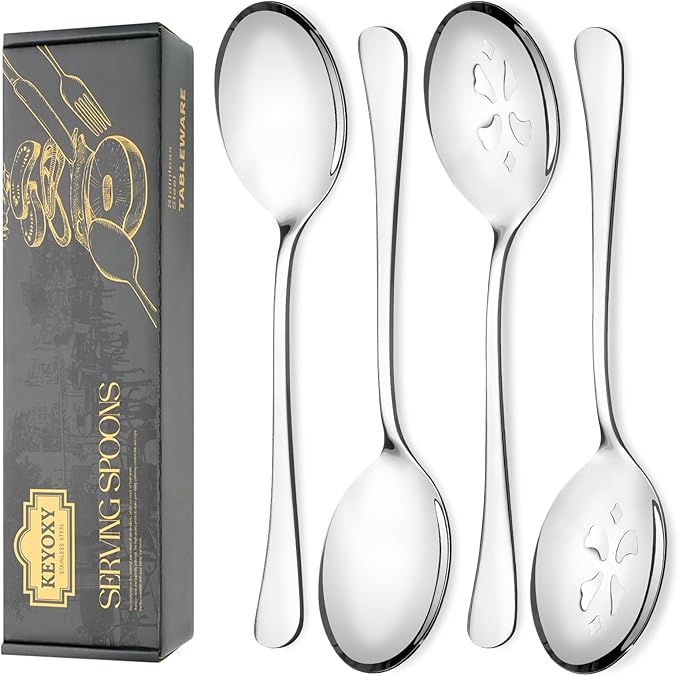 Keyoxy 4 Piece Stainless Steel Serving Spoon Set - 2 Large, 2 Slotted,Dishwasher Safe,10-Inch,Gold, for Parties/Kitchen/Buffet/Catering