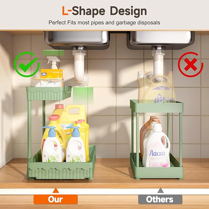3 Pack Multi-Purpose Under Sink Organizers and Storage, 2026 L-Shaped Pull Out Cabinet Organizer for Bathroom & Kitchen, Under Cabinet Organizer with Hooks Hanging Cup, Green, 14.85 inch