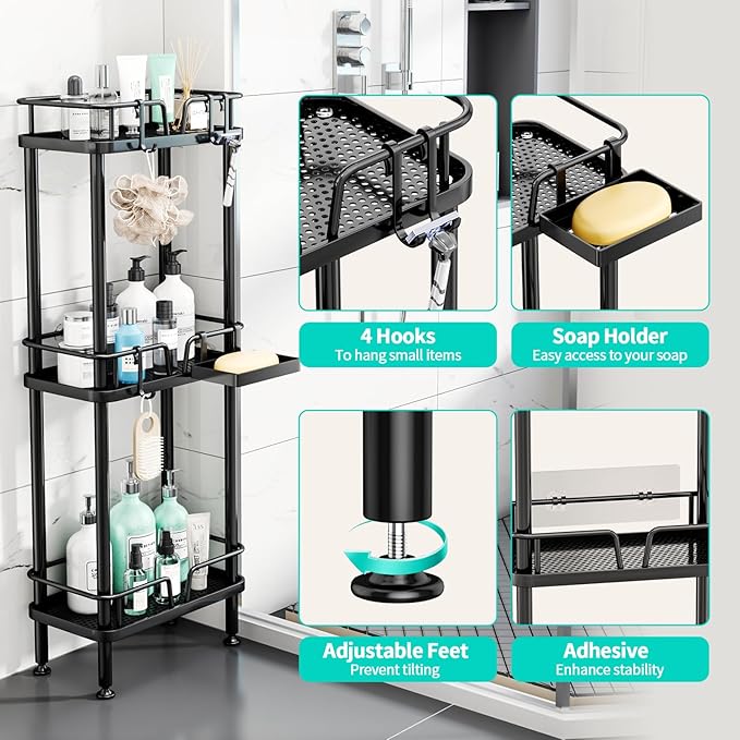 HapiRm Standing Corner Shower Caddy - 3 Tier Corner Shower Organizer with Soap Holder, Rustproof Stainless Steel Bathroom Shelf with 4 Hooks, Black