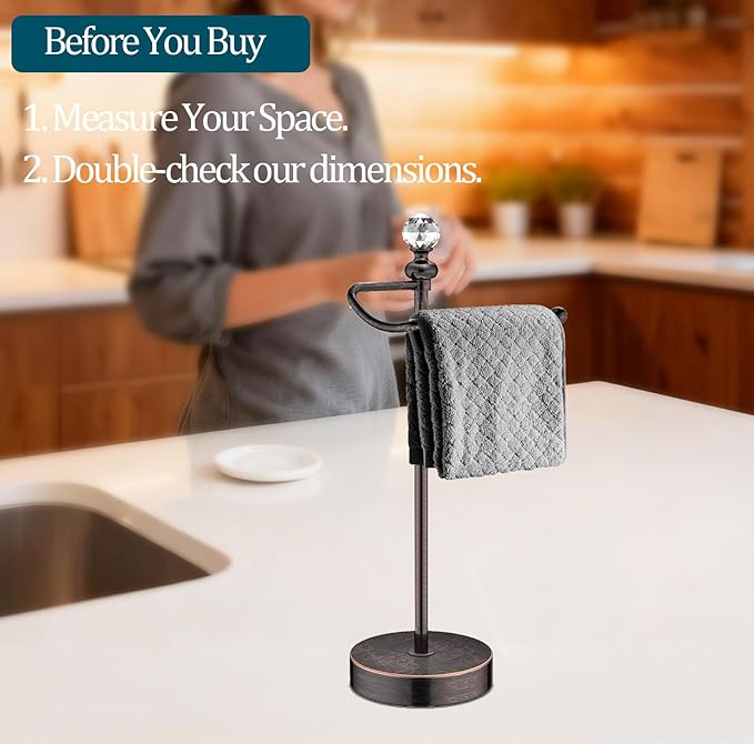 Bathroom Hand Towel Holder with Crystal Ball, Countertop Towel Holder Stand 15.7” H, Stainless Steel Classic Vintage Hand Towel Rack Stand with Heavy Weighted Base (Oil Rubbed Bronze, 2 Pack)