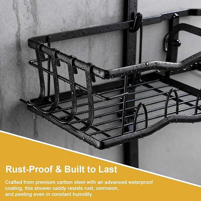 Shower Caddy Hanging Organizer, Rustproof Over Shower Head Caddy Holder with Hooks for Razor/Sponge, No Drilling Bathroom Racks Bath Storage Shelves for Shampoo Soap Towels, Black