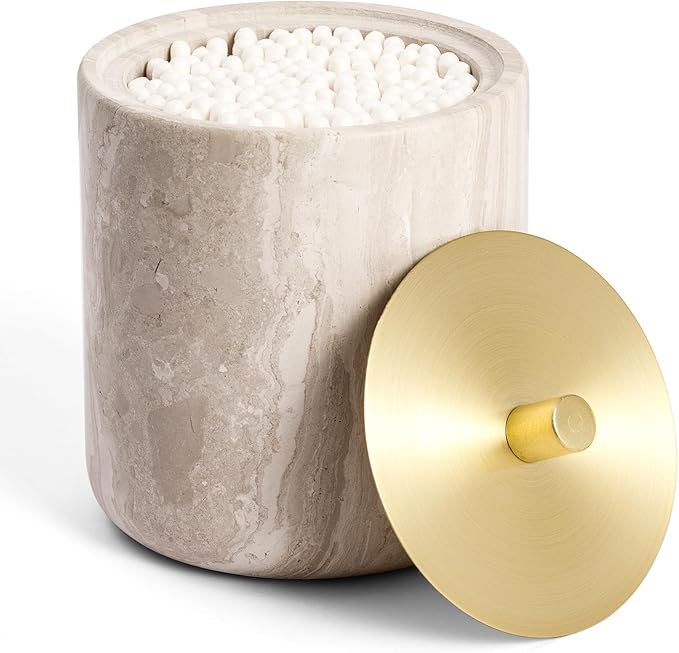 WORHE Marble Qtip Holder with Brass Lid for Cotton Swabs,Balls,Pads,Floss Picks Large Capacity Marble Apothecary Jar for Bathroom Essentials Decor, Vanity Makeup Storage Organizer Grey (WH079)