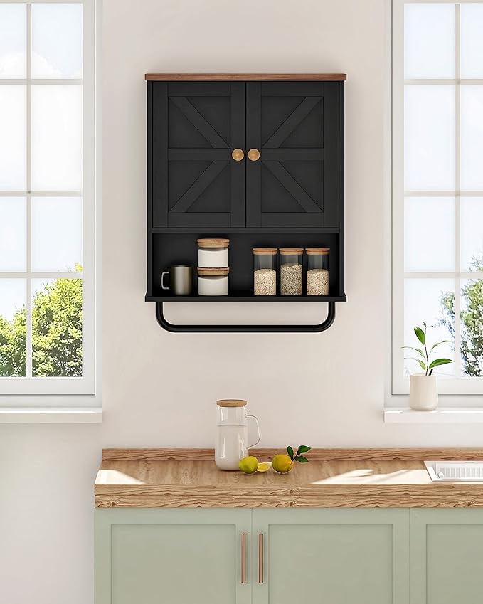 Bathroom Wall Cabinet, Medicine Cabinet with Open Partition and Towel Bar, Rustic Storage Cabinet with Open and Hidden Storage Space, for Bathroom, Living Room, Kitchen, Black and Walnut