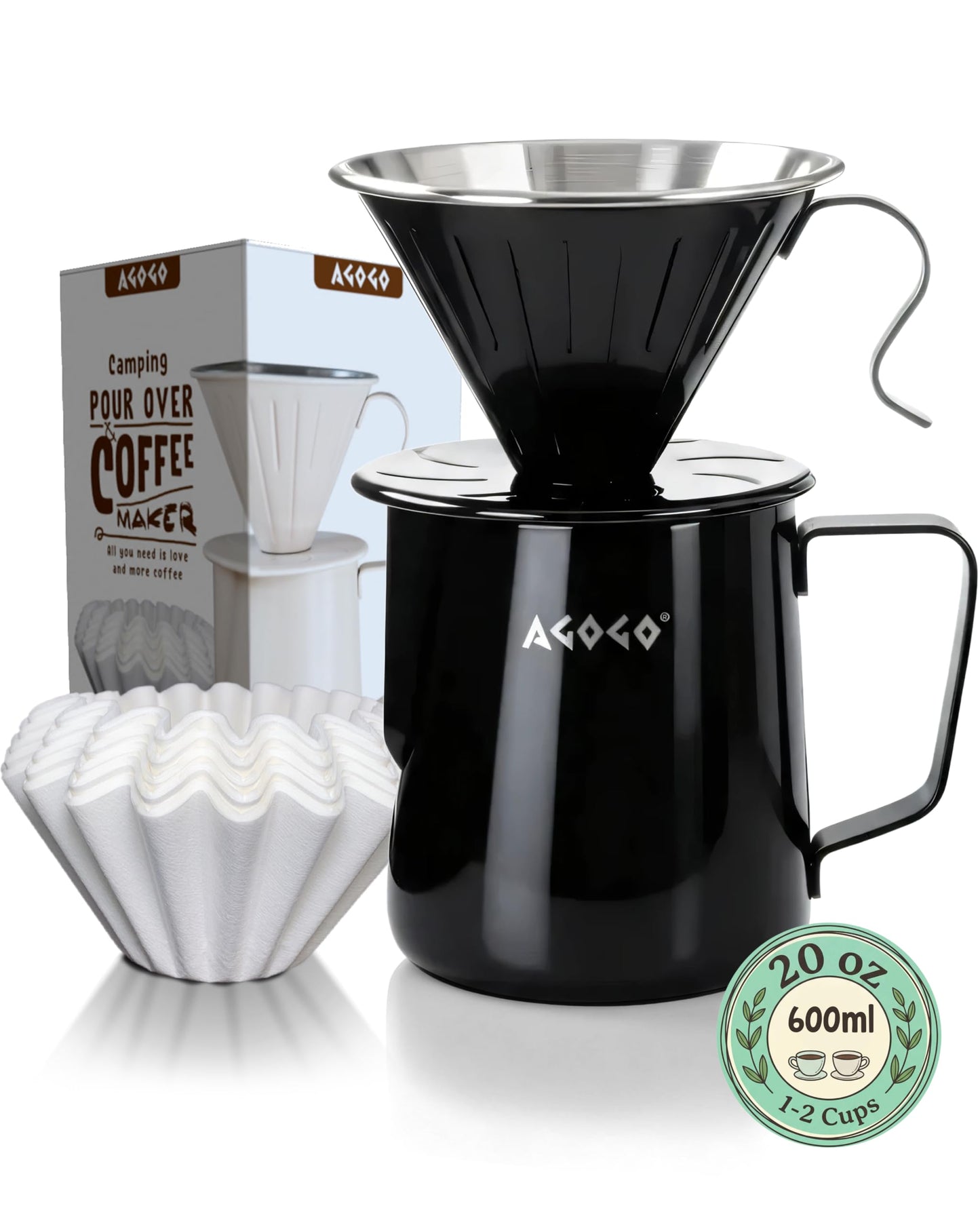 AGOGO Stainless Pour Over Coffee Maker Set, 50 Paper Filters, 20oz, Black