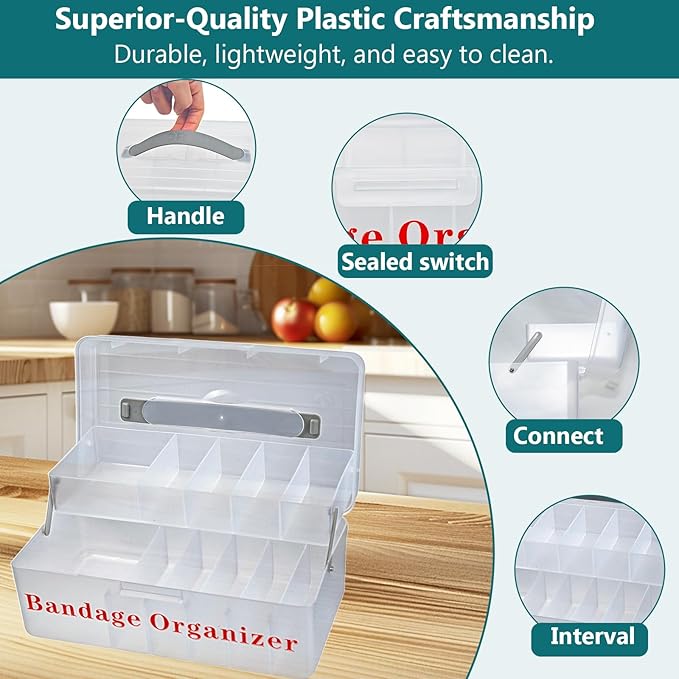 Bandage Organizer,2 Tiers Bandage Storage with Lid and Handle,Large Portable Bandage Container for Home Cabinet,Office,School and Garage.