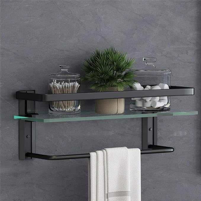 VOLPONE Bathroom Glass Shelf with Towel Bar Black Bathroom Shelf Wall Mount Rustproof Bathroom Wall Organizer Towel Rails1 Tier (Black)