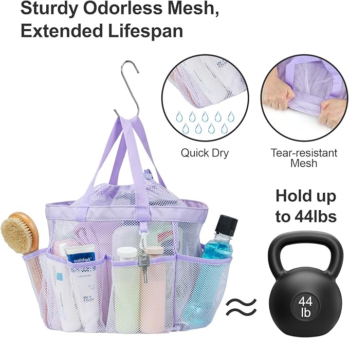 F-color Mesh Shower Caddy Portable with Drawstring - Large 8 Pockets Dorm Room Essentials for Guys Girls with S Hook, Shower Bag Basket Tote for College Camping Gym Travel Toiletry Bathroom, Purple